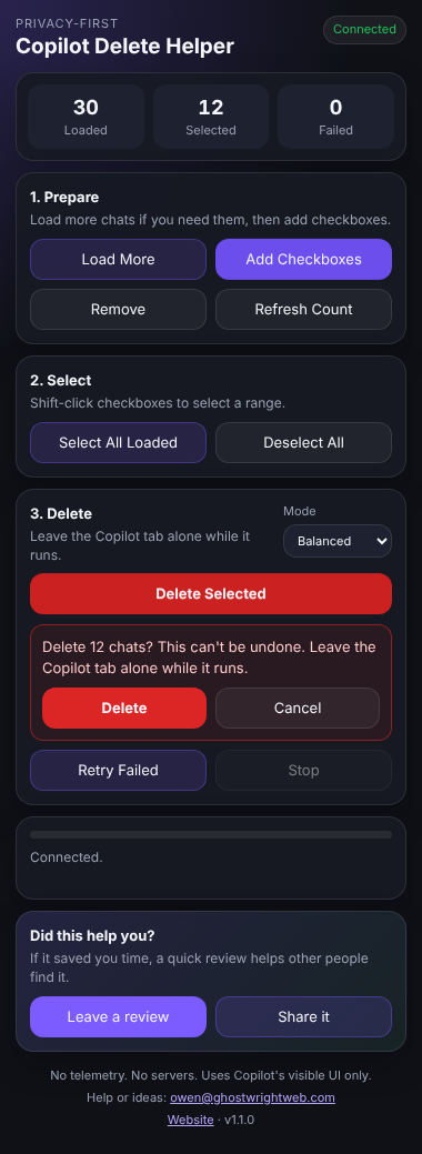 Side panel: Confirm